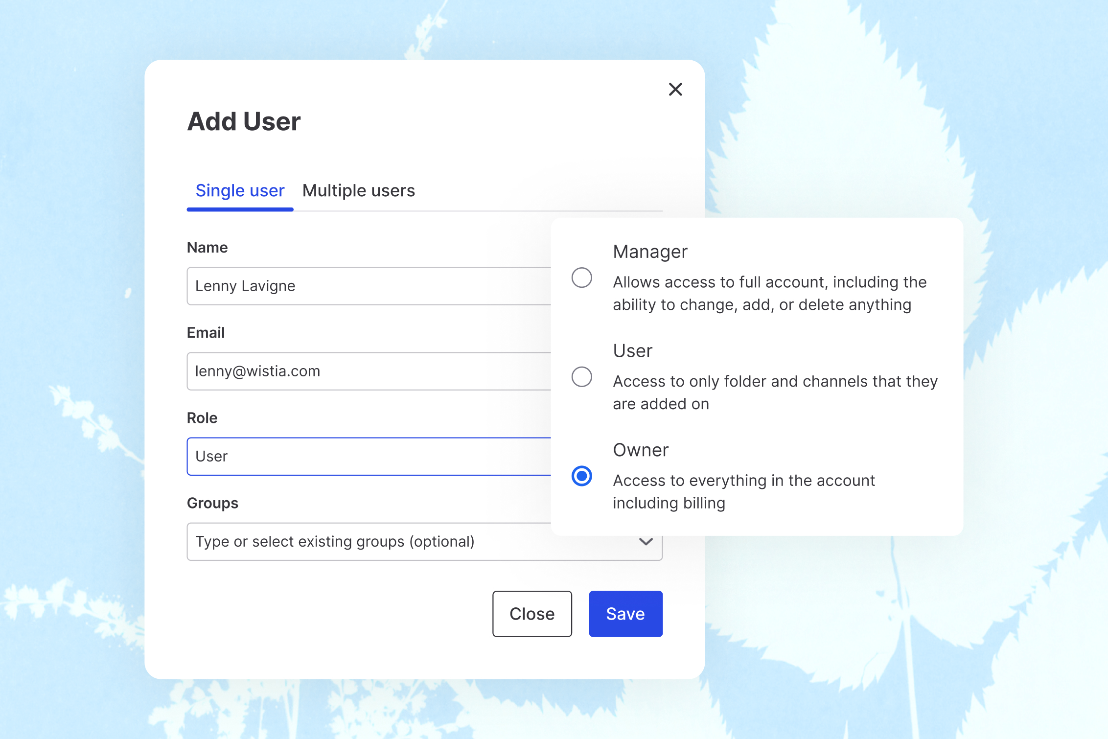 Add User modal with role selection